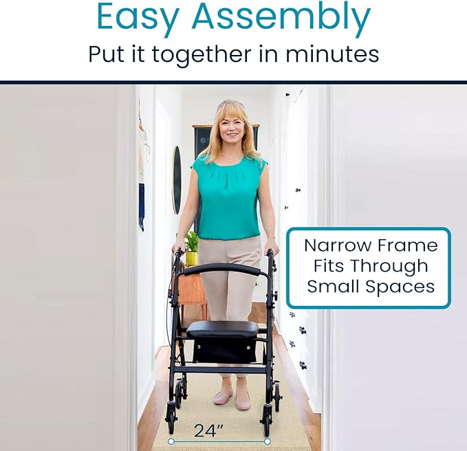 Vive Ultra Lightweight Rollator Walker with Seat - Foldable, Narrow, Rolling Senior Walker for Small Spaces - 4 Wheel Aluminum Adult Easy Drive Aid with Underseat Accessory
