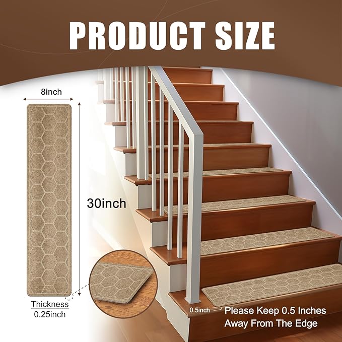 15 Pack 8 "X 30" Non-Slip Carpet Stair Treads for Indoor Wooden Steps, Made of Polyester and Reusable Adhesive, Suitable for Kids Elders and Pets（Beige Hexagon）