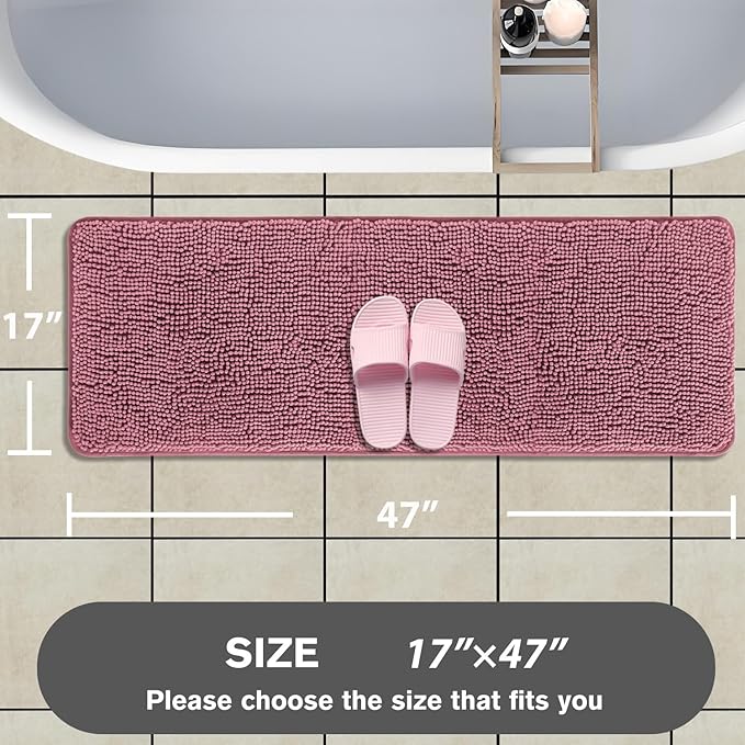 Bathroom Runner Rug 47 x 17 Inch – Long Bath Mat | Absorbent and Washable Thick Chenille Bath Rug Non-Slip Runner Rug for Bathroom, Shower, Sink(Dusty Rose)