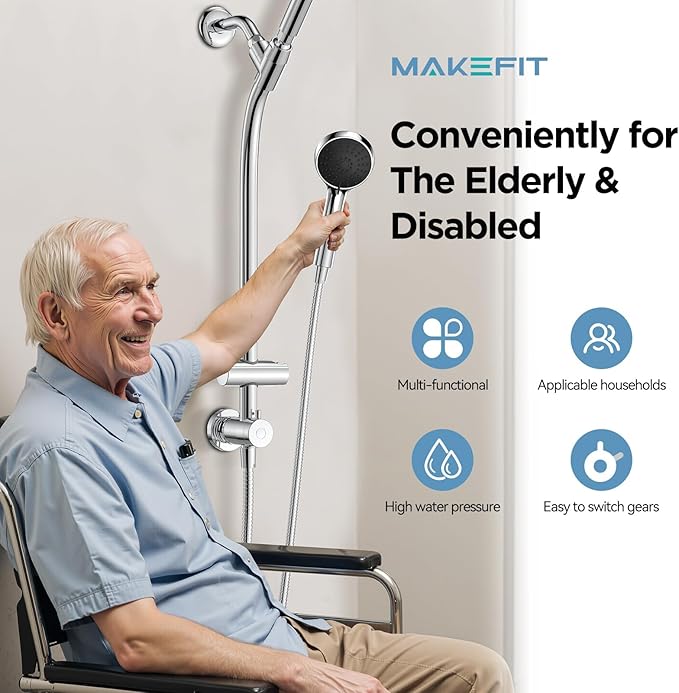 MakeFit Drill-free Dual Shower Head with Handheld Combo Rainfall Shower Head Easy Reach 3-way Diverter Stainless Steel Slide Bar with Height Adjustable Holder Adjustable Rain Showerhead (Chrome)