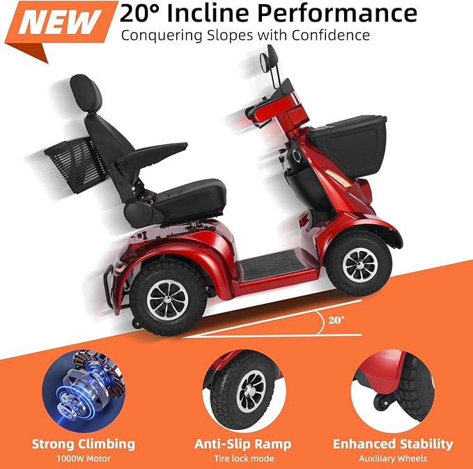 Heavy Duty Mobility Scooter for Seniors/Adults, 500LBS Capacity Electric Scooter, All Terrain Mobility Scooters, 1000W 15MPH, 13.78" Off Road Tires,32 Miles Long Range 4 Wheel Scooter, Red 32Miles