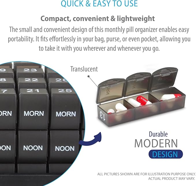 Deke Home - Monthly Pill Organizer 3 Times a Day, 30 Day Pill Box with AM PM Compartments, Large Monthly Medicine Organizer for Vitamins, Supplements & Medication, Travel-Friendly Pill Case, BPA Free