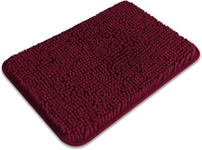 Small Bathroom Rug 12"x18" – Washable and Absorbent Bath Mat, Non Slip, Thick Soft Chenille Bath Rugs for Bathroom, Shower, Sink, Dog mat(Vivid Burgundy)