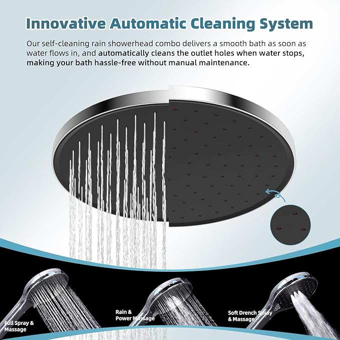 Hibbent Upgraded cUPC Certified Self-cleaning Shower Head Combo, High Pressure 10'' Rain Showerhead with 3-Spray Handheld, All Metal Arm with Easy Reach 4-way Diverter, 71" Hose & Holder, Chrome