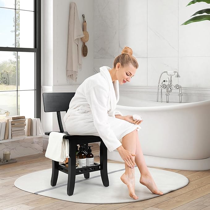 Ollieroo Two-Tier Bamboo Shower Chair for Inside Shower, Waterproof Baby Bath Seat with Storage Shelf, Soap Dish and Shower Head Holder, Shower Stool for Seniors Adults Disabled Pregnant(Black)