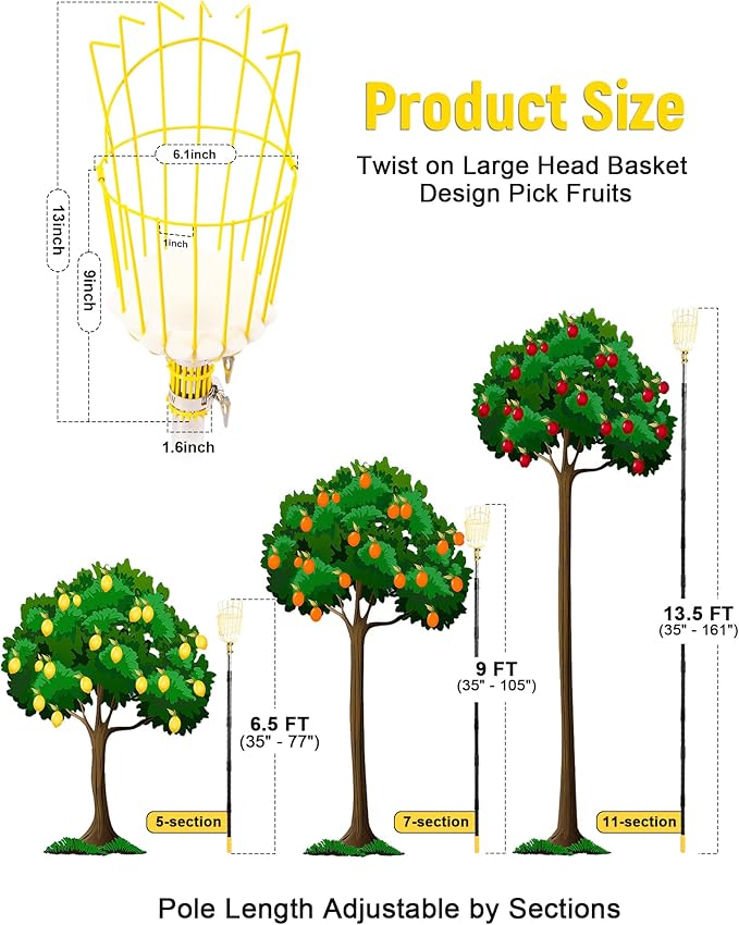 9FT Fruit Picker with Basket, Apple Picking Tool 35–105 Inch Adjustable Pole, Long-Handle Mango Grabber, Tree Fruit Catcher for Harvesting Lemon Pear Orange Avocado Peach Citrus Grapefruit