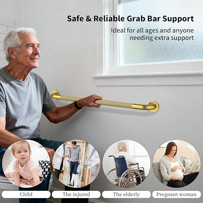 Shower Grab Bar 32 Inch, iHansee Brushed Gold Bathroom Grab Bar w/Anti-Slip Knurled Grip, Stainless Steel Bath Safety Bars Support Handrail for Senior Elderly, Toilet Bathtub Balance Handle for Wall