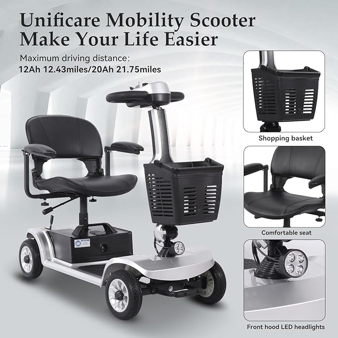 4 Wheel Mobility Scooter for Seniors & Adults Easy to Use Operate and Foldable ,Heavy Duty 418 LBS, 12.4 Mile Range, Tight Turning Radius