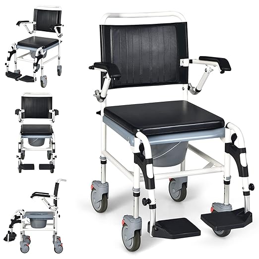 GYMAX 4-in-1 Bedside Commode, Shower Chair with Lockable Wheels, Height Adjustable Rolling Toilet Chair with Detachable Bucket, Portable Handicap Transport Wheelchair for Adult, Disabled, Elderly