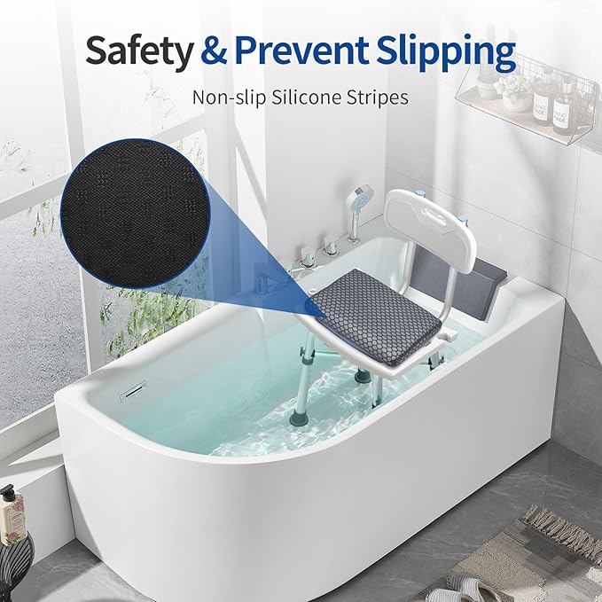 Anycosy Shower Seat Cushion Waterproof,Bathtub Cushion for Transfer Benches,Slip-Resistant 3D Foam Mesh Bathtub Chair Pad with Hook,Quick Drying Shower Seat Mat for Elderly (Gray, Medium)