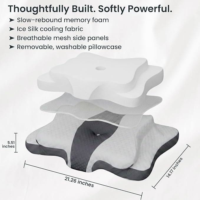 Ergonomic Cervical Neck Pillow for Sleeping – Memory Foam Cervical Pillow for Side Sleepers and Back Sleepers – Contour Neck Support (Grey/White)