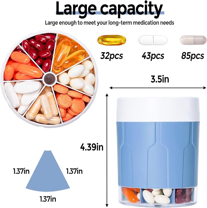 Betife Extra Large Supplement Organizer,Weekly Pill Organizer Bottle, Daily Pill Dispenser with 7 Large Compartments, Organizer to Hold 7 Day Vitamin Medication,21 Labels and a Cleaning Brush (Blue)