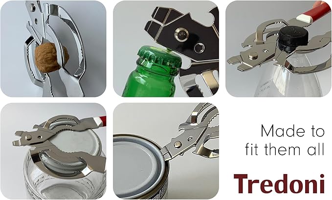Tredoni Jar & Bottle Opener, Easy Wrench Grip/Tighten Lid Opener, Multi-Purpose Opener for Caps, Cans & Nuts -Italian Stainless Steel