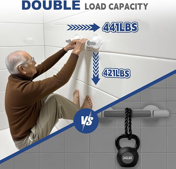 Shower Handle MAX 441LBS, Heavy Duty Suction Cup Grab Bar for Shower Bathtub, No Drilling Safety Handle for Elderly Disabled Handicap Seniors, 12.6-Inch Removable Bathroom Handrail with Non-Slip Mat