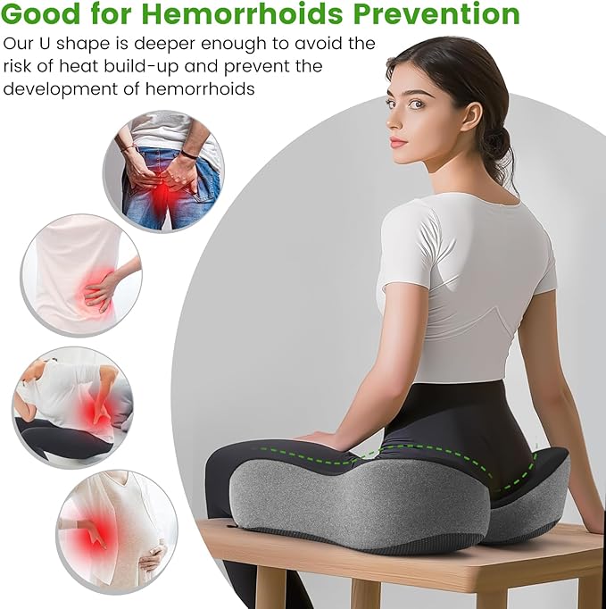 anzhixiu Wheelchair Seat Cushion, Deep U Relieve Sciatica, Back, Coccyx, Hemorrhoids Pain- Slope Curve Office Chair Cushion for Long Sitting Time- Black/Gray
