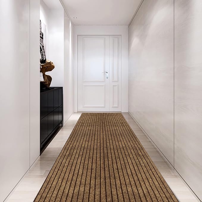 Custom Size Backed Non-Slip Area Rugs Runner, Easy Clean, Waterproof Runner Rugs for Hallway Entryway, Kitchen, Laundry, 2FT x 25FT, Brown Stripe