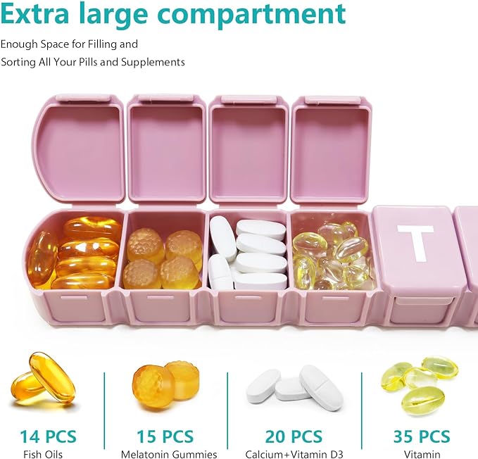 MOLN HYMY Extra Large Weekly Pill Organizer 7 Day, XL 1 Week Pill Dispenser Case, Daily Medicine Organizer to Hold Vitamin Filsh Oil and Supplements (Pink)