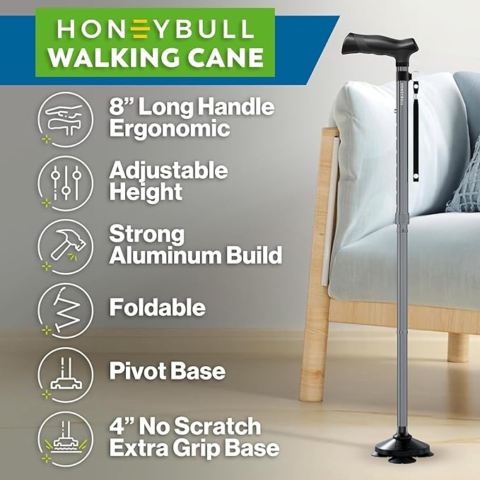 HONEYBULL Walking Cane for Men & Women Foldable, Adjustable, Heavy Duty, Free Standing, All Terrain, Collapsible Walking Sticks for Seniors & Adults