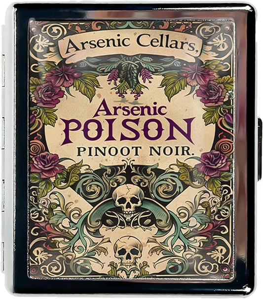 Metal Pill Organizer Box with Mirror – 8 Compartment Chrome Pill Case, Pocket-Size Travel Pill Container for Vitamins, Seniors, Daily Use (Poison Pinot Noir Skull Art)