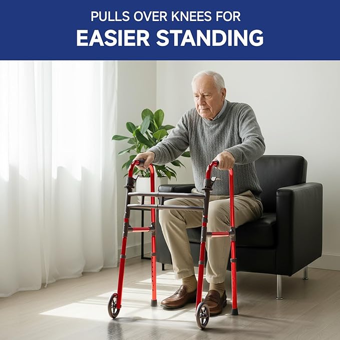 Loyoda Walkers for Seniors Foldable, Aluminum Lightweight Walker with Wheels, Adjustable Height & Width Standard Walkers for Elderly & Disabled, 350 lbs Capacity, Red