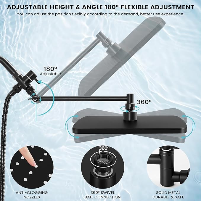 Shower Head with Handheld Combo,11.8 Inch Large Rectangular Rain Shower Head with 5 Modes Handheld Spray Combo,Adjustable Double Shower Heads with Holder and 11'' Extension Arm Matte Black