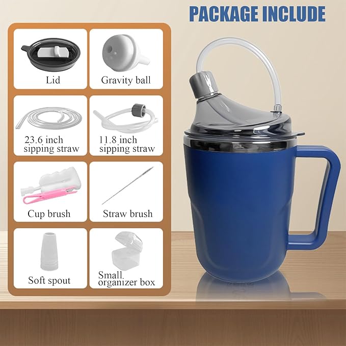Adult Spill Proof Cup for Elderly, 3 in 1 Stainless Steel Sippy Cup with Straw and 2 Lids, Suitable for Seniors Disabled Patients Limited Mobility, 14 OZ