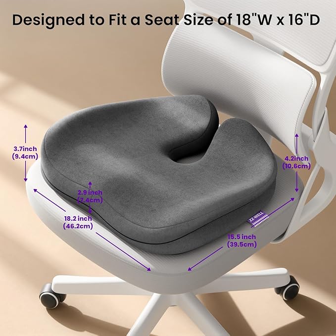ZZ-WELL Seat Cushions for Office Chairs, Car Seat - Patented Coccyx Cushion for Tailbone Pain - Memory Foam Butt Cushion for Pressure Relief - Carry Handle & Non Slip Bottom (Grey)