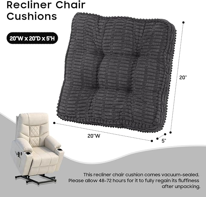 idee-home Recliner Cushions for Elderly, 20x20x5 Inch Corduroy Recliner Seat Cushion Tufted, Large Square Seat Cushion for Recliner Chair, Floor Pillow, Boosting Support Reduce Hip & Lumbar Pain, Grey