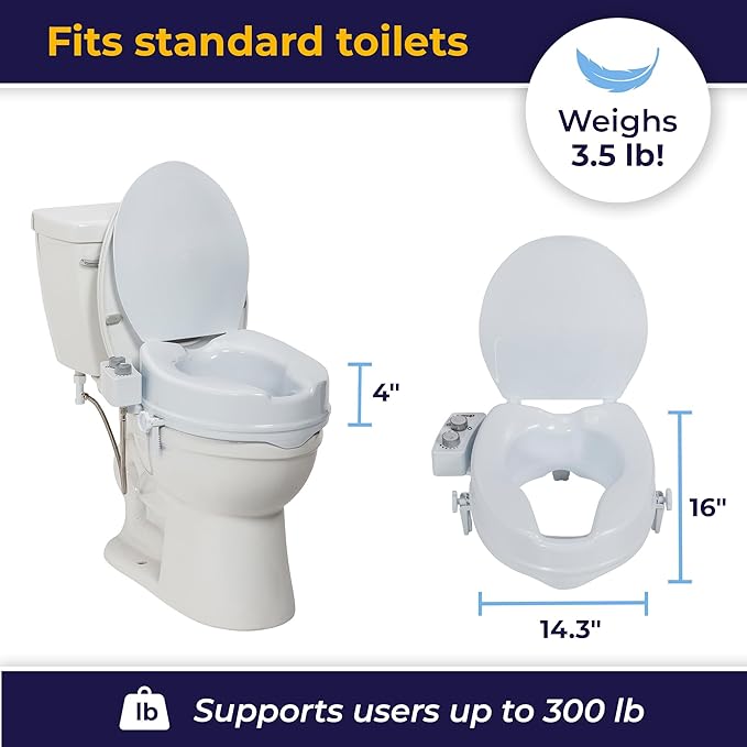 Drive Medical PreserveTech Raised Toilet Seat with Bidet (Ambient Water) Toilet Seat Riser, Elevated Toilet Seats for Seniors and Adults, Toilet Seat Bidet, Toilet Seat Elevator with Bidet Sprayer