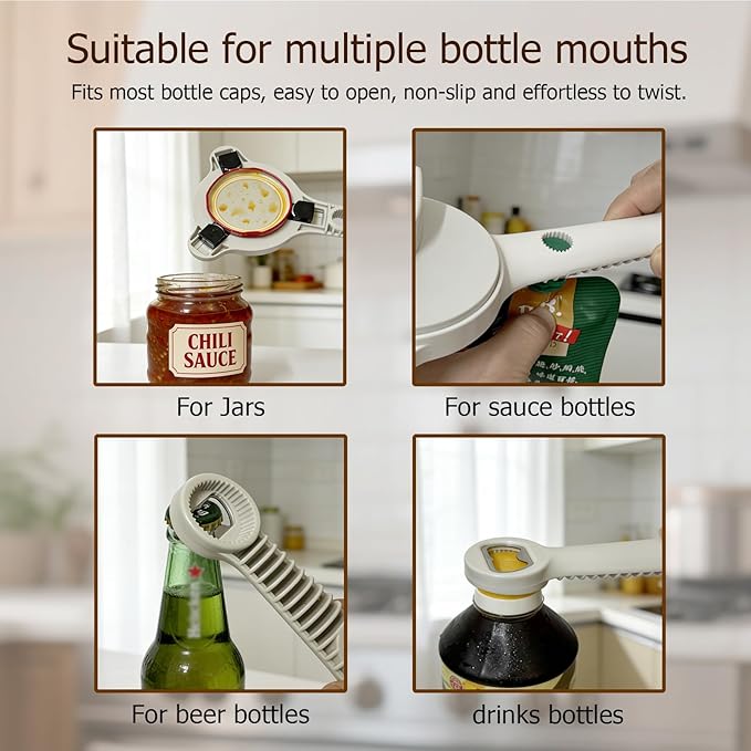 4-in-1 Jar Opener, Adjustable Jar Opener for Seniors, Kitchen Tool Designed Specifically for Seniors and Those with Limited Physical Strength, Suitable For Beer, Salad Dressing, Jar(White)