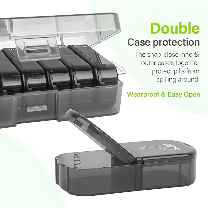 Weekly Pill Organizer 2 Times a Day, Portable Travel 7 Day Morning and Night Pill Box, Black Daily Am Pm Pill Case for Medication, Vitamins, Fish Oils, Supplements