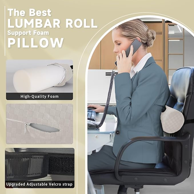 Lumbar Roll Pillow for Lower Back, Lumbar Support Foam Roll Cushion with Pillowcase and Upgraded Strap for Office, Chair, Car, Seat Pain Relief & Improving Posture (Cream, Long-15 * 4.3'')