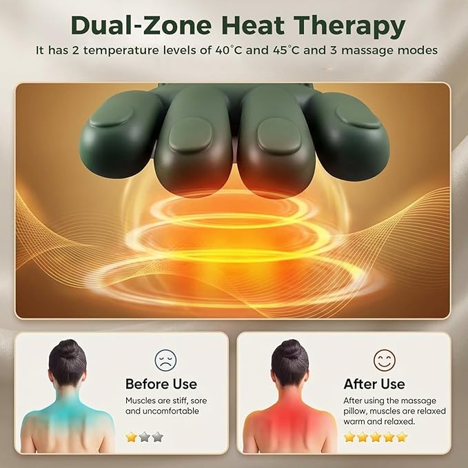 KppeX Upgraded Model Finger Deep Cordless Cordless Neck Massager Pillow, Leg and Back Pain Relief Tissue Kneading,Shiatsu and Shoulder Massage,Gifts for Men or Women (Olive Green)