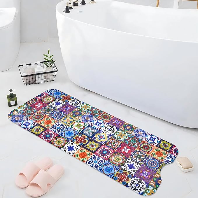 Boho Bathtub Mat Non Slip, Vintage Bath Tub Mat Baby Bath Mats for Bathroom Anti Slip Shower Mats for Inside Shower, Colorful Floral Bathmat with Suction and Drain Holes Machine Washable, 40″x16″