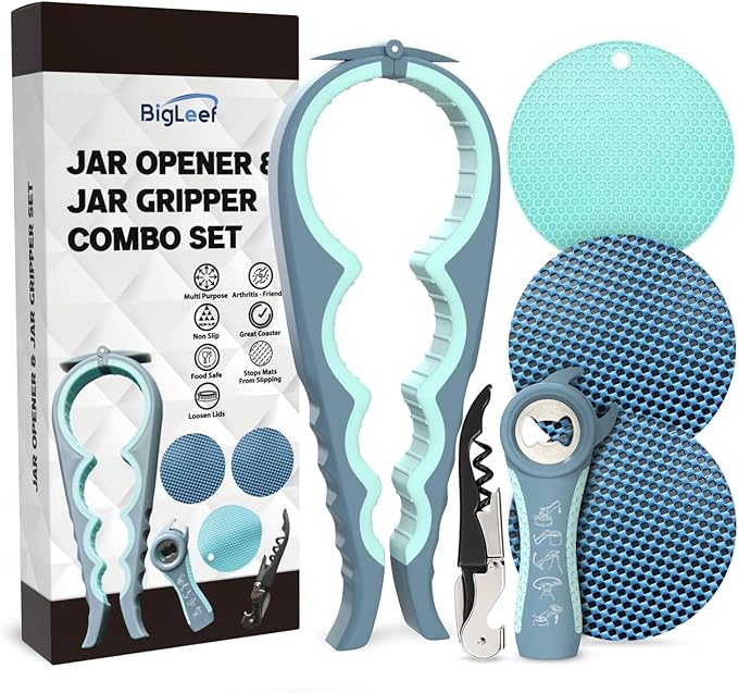 Jar Opener for Weak Hands with 5-in-1 Bottle Opener, Corkscrew Wine Opener, Firm Jar Gripper Pad and 2 Non Slip Rubber Grip Mats, Multifunction Kitchen Tool Set for Seniors, Easy Lid Removal -Blue