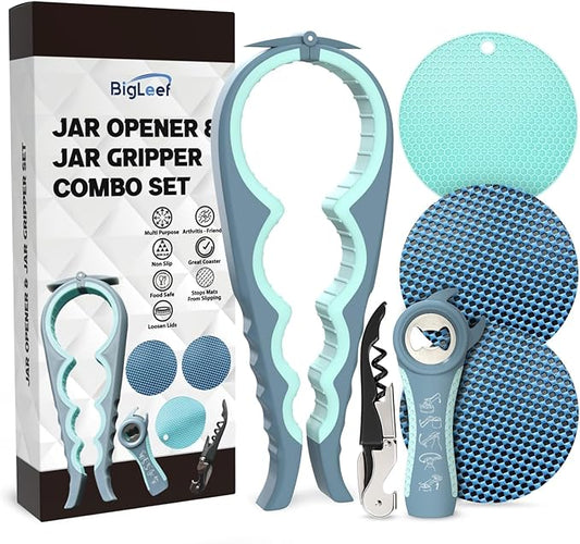 Jar Opener for Weak Hands with 5-in-1 Bottle Opener, Corkscrew Wine Opener, Firm Jar Gripper Pad and 2 Non Slip Rubber Grip Mats, Multifunction Kitchen Tool Set for Seniors, Easy Lid Removal -Blue