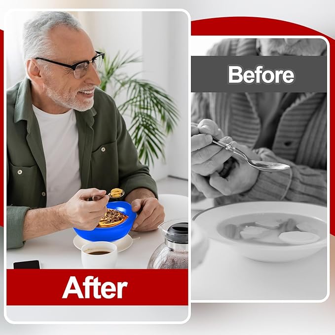 Hushee 3 Sets Adaptive Spill Proof Scoop Bowl and Plate Set with Suction Base Non Skid Self Feed Suction Dinnerware for Elderly Disabled Handicapped from Parkinsons Tremor (White,Blue,Red)