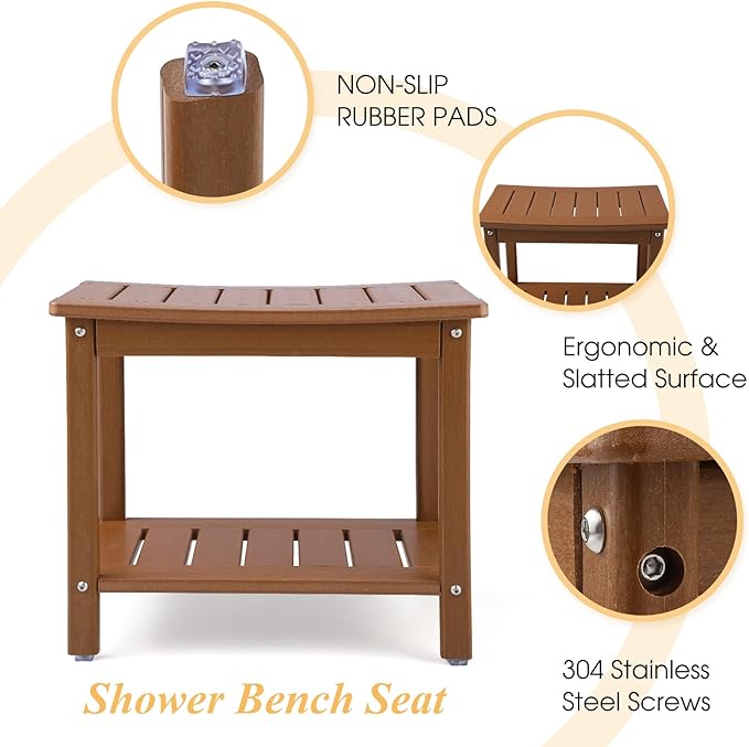 Apolimi HDPE Shower Bench, 2-Tier Spa Stool with Storage Shelf, Non-Slip & Water Resistant Shower Seat (Teak L Size)
