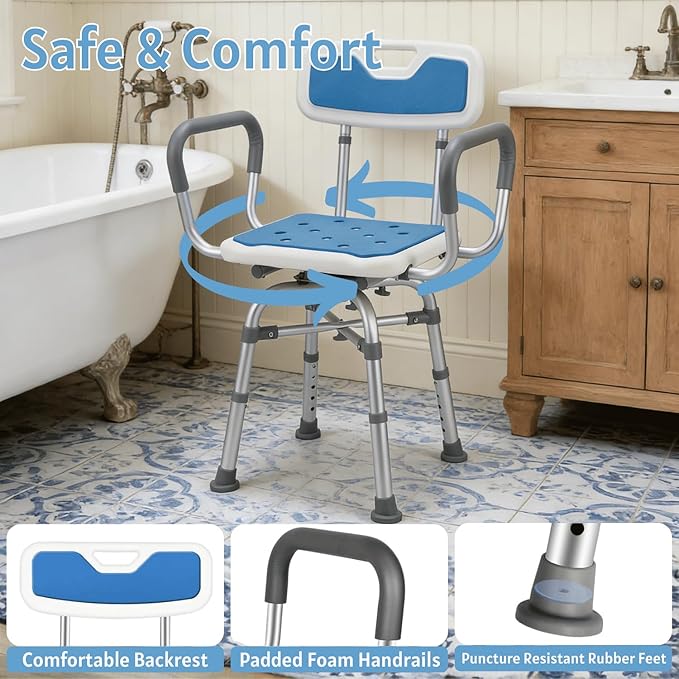 Swivel Shower Chair for Elderly and Disabled - Heavy Duty 500 lbs Shower Chair with Arms & Back for Inside Shower - 360° Rotating, Height Adjustable, Reinforced Bath Tub Bench Stool Seat