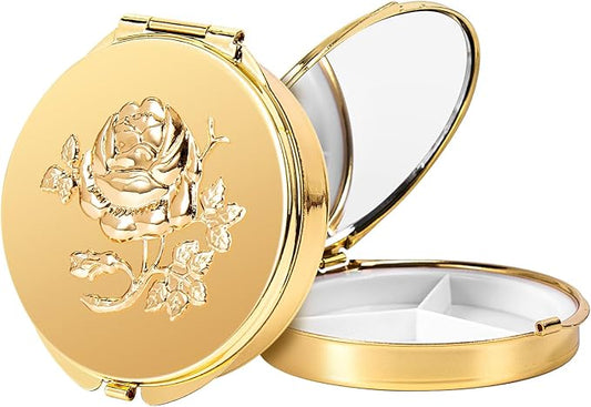 Portable Round Metal Pill Case with Mirror, Featuring 3 Compartments—Perfect for Travel. BPA-Free. (S-Gold, Small)