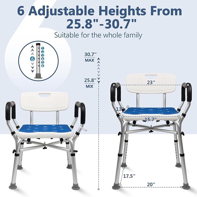 Shower Chair for Inside Shower 500lbs - Bariatric Shower Seat with Arms & Back, 6 Height Adjustment & Reinforced Crossbars for Elderly/Disabled Adults, Blue