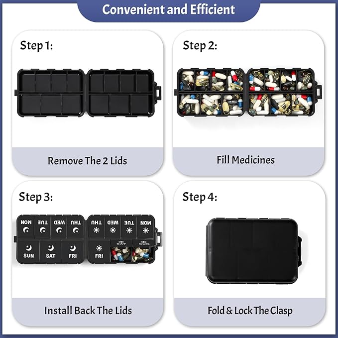 Foldable & Portable Weekly Pill Organizer 2 Times a Day with Clear Printed Labels - 7 Day AM PM Medicine Box, Week Daily Travel Pill Meds Case Holder for Medications, Vitamin, Supplement - Black