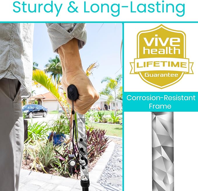 Vive Folding Cane - Foldable Walking Cane for Men, Women - Fold-up, Collapsible, Lightweight, Adjustable, Portable Hand Walking Stick - Balancing Mobility Aid - Sleek, Comfortable T Handles