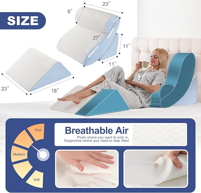 WSOFRLAC 4PCS Wedge Pillow Set for Sleeping – Orthopedic Bed Pillow for Post Surgery, Adjustable Memory Foam Support for Sitting Up in Bed, Back Pain, GERD, Snoring Relief, White Blue
