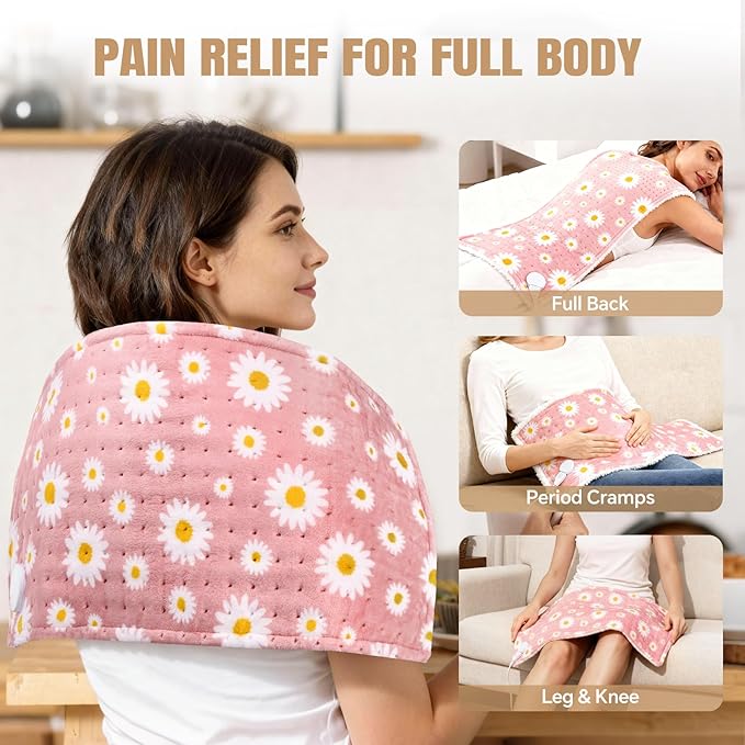 Daisy Heating Pad for Back Period Cramps Neck Shoulder Pain Relief, Portable Electric Heat Pads Pink Stuff Gifts Ideas, Funny Useful Self Care Christmas Birthday Gift for Women Mom Her Wife Girlfriend