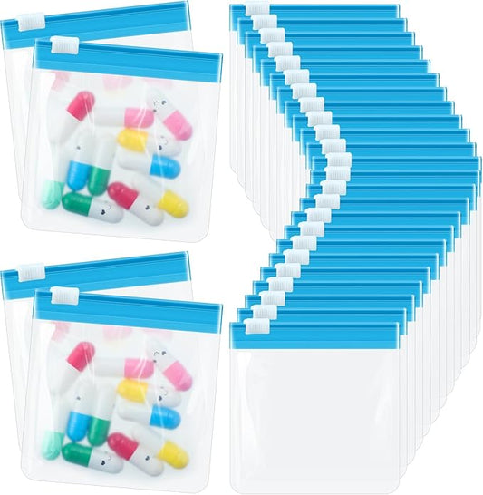 24 Pieces Pill Pouch Bags Zippered Set Reusable Translucent Medicine Organizer Sealing Travel Plastic Bags with Slide Lock for Storage(Light Blue)