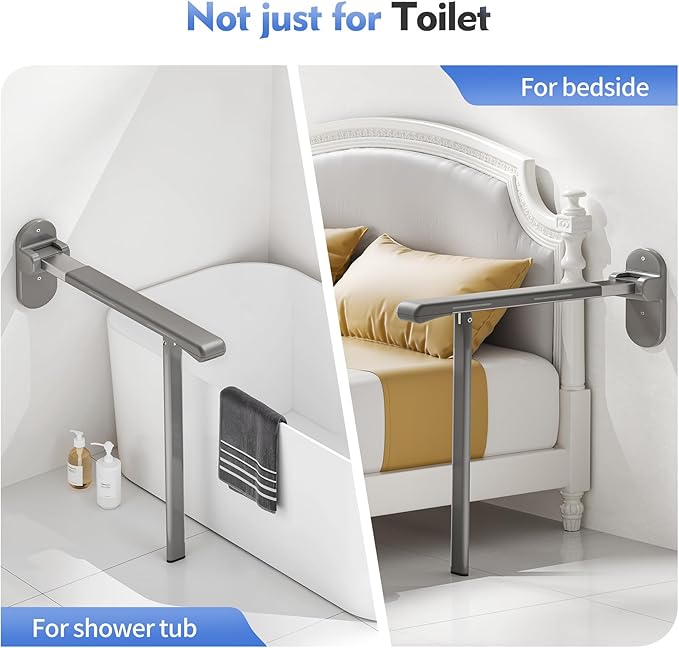 Flip Up Grab Bar with Support Leg, 26.8" high Toilet Safety Rails for Seniors, Wall Mounted Toilet Grab Bars for Disabled and Elderly, Space-Saving Foldable Handicap Bars for Bathroom