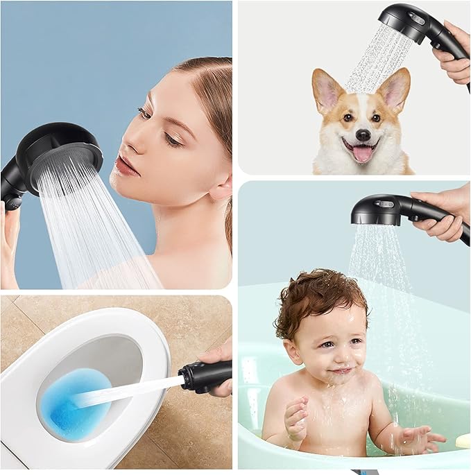 SINGSUO High Pressure Handheld Shower Head with On Off Switch, Detachable Shower Head, 3 Spray Modes Shower Massager Handheld with Hose and Adjustable Angle Bracket (Black)