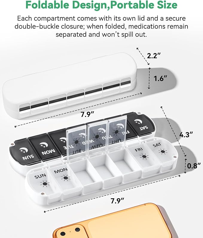 Weekly Pill Organizer 2 Times a Day, Moisture-Proof 7 Day Pill Box AM PM, Foldable Travel Medicine Organizer with Magnetic Closure for Vitamins, Supplements and Fish Oils