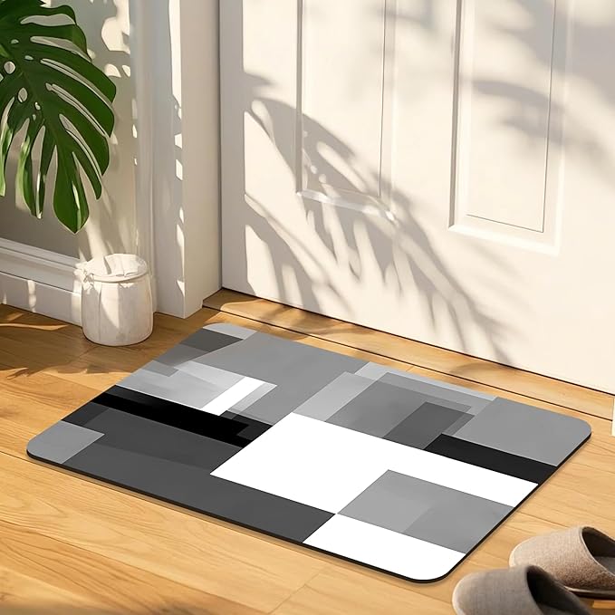Quick Dry Bath Mat for Bathroom,Super Absorbent Black and Gray Welcome Bath Rug Non-Slip Rubber,Machine Washable Bathroom Floor Mat for Shower, Tub, Sink Area Abstract Art Painting 16x24
